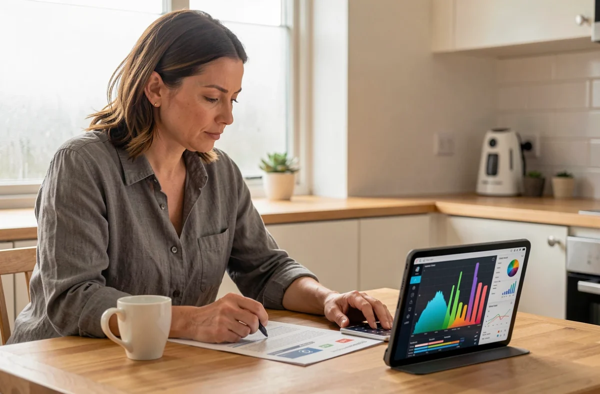 Femme consultant un tableau de bord de production solaire et un rapport de consommation énergétique