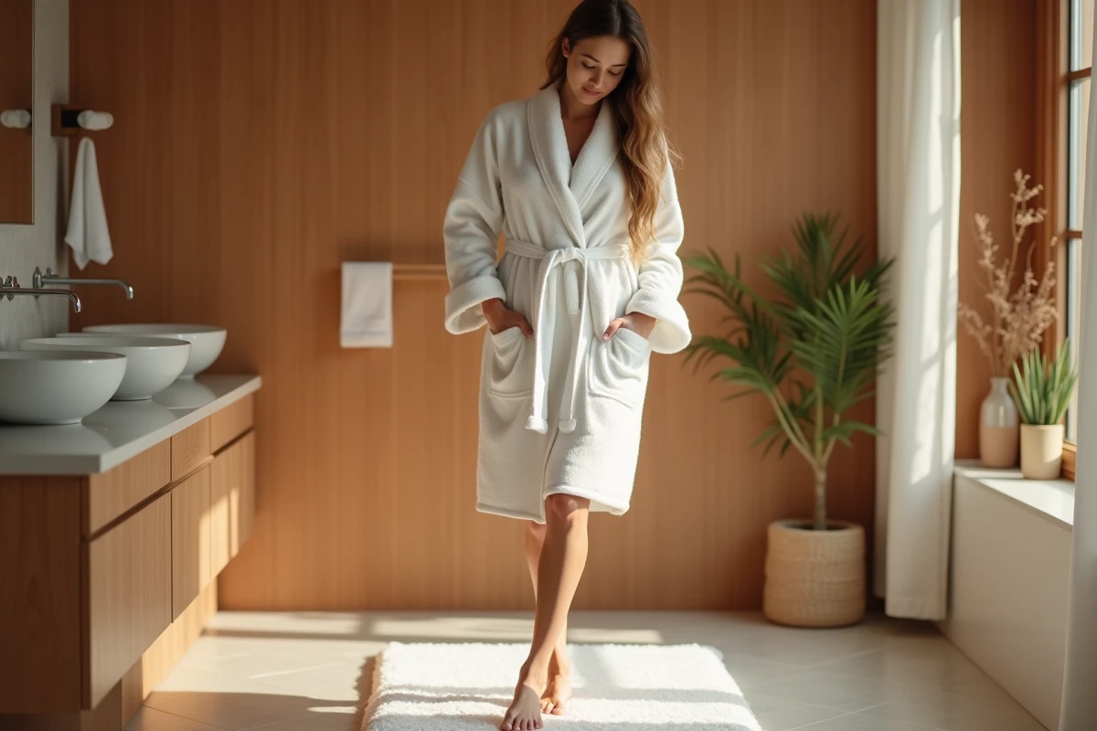 Femme en peignoir évaluant un tapis en diatomite du pied dans une salle de bain moderne au style spa