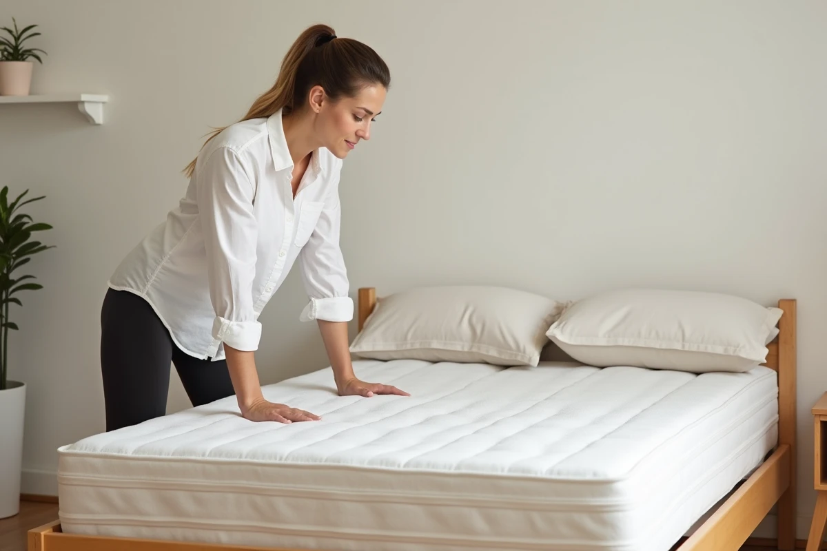 Femme testant la fermeté d'un matelas en appuyant dessus avec les mains pour évaluer son soutien lombaire
