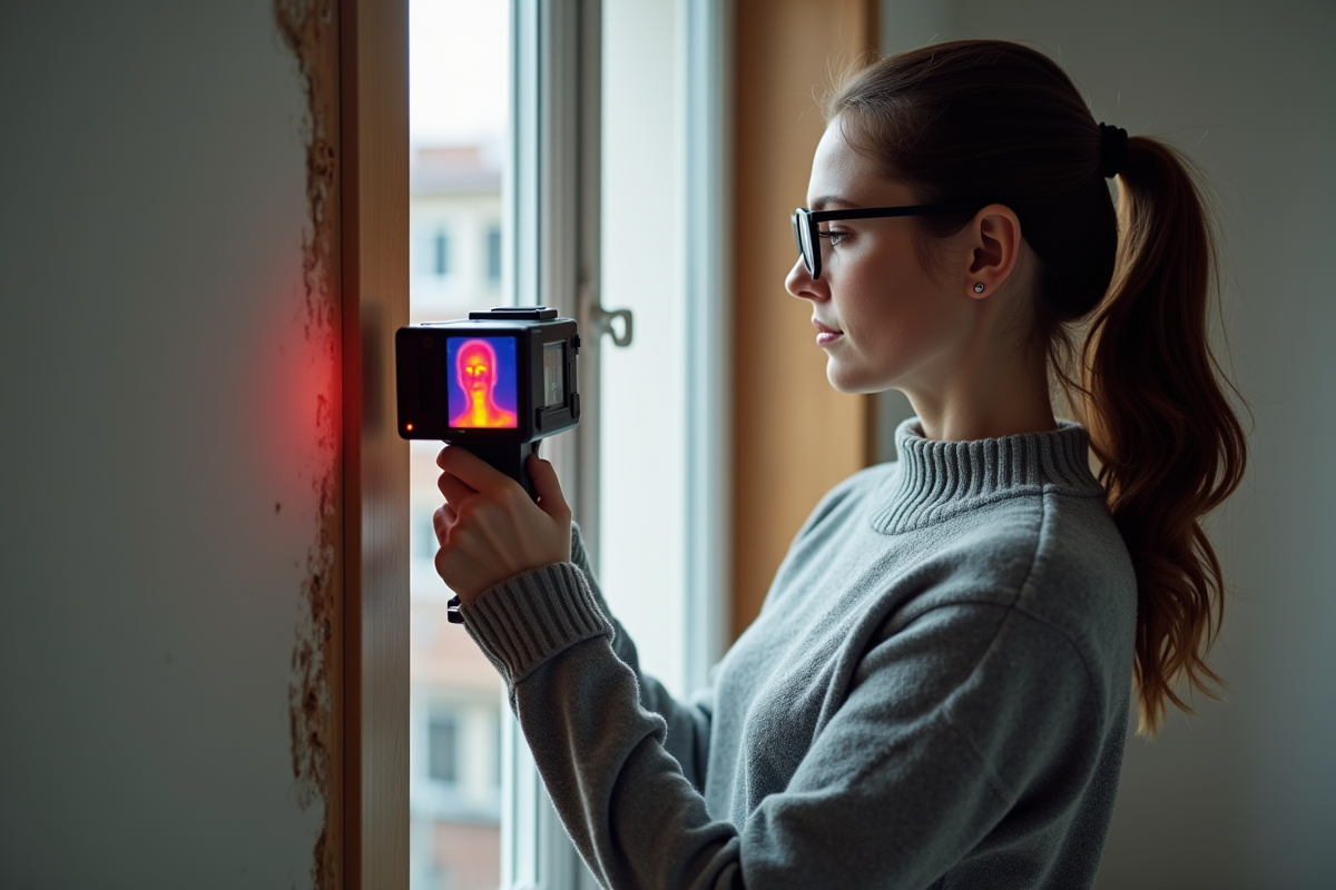 Jeune femme utilisant une caméra thermique sur un mur intérieur