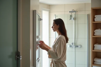 Femme ajustant un sèche-serviettes électrique dans une salle de bain moderne
