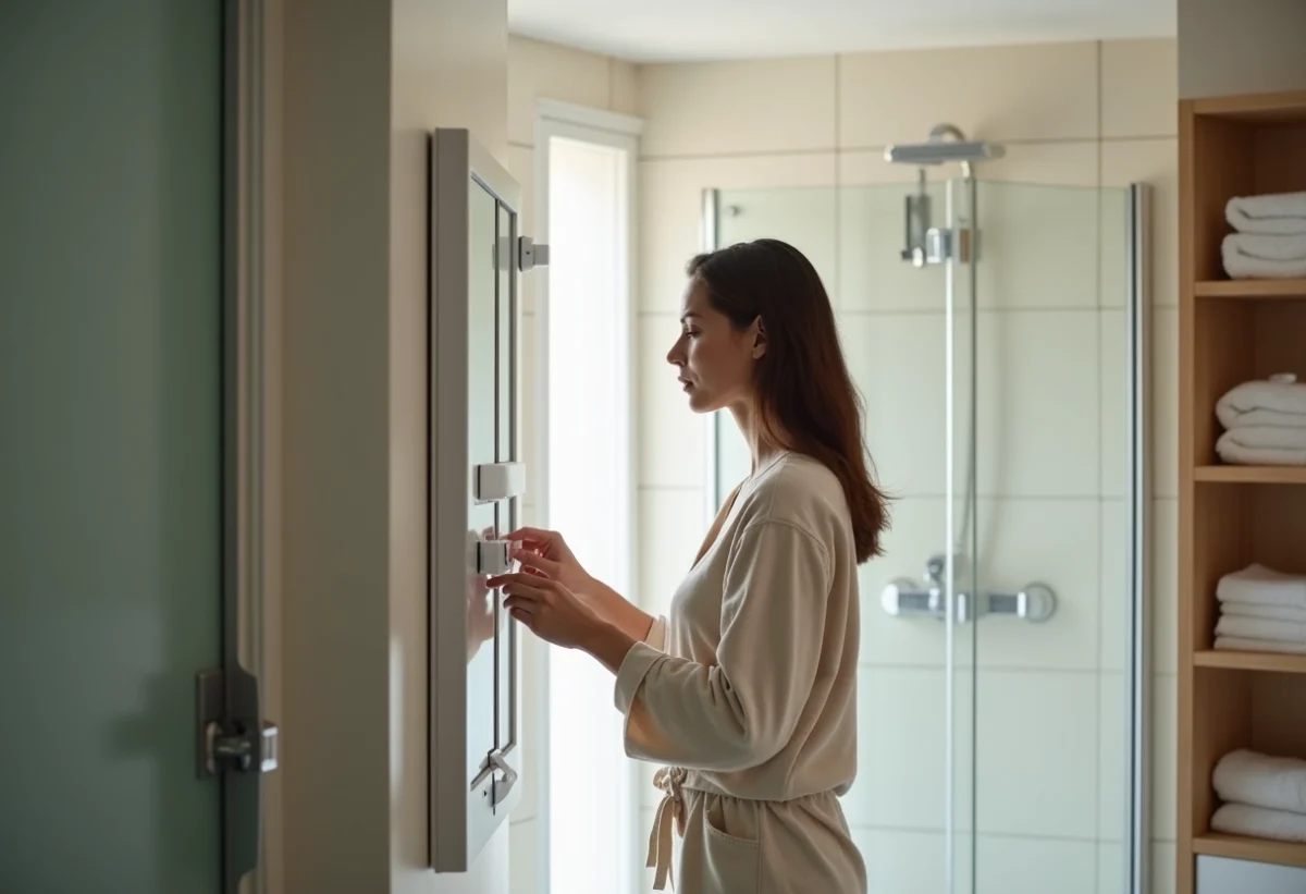 Femme ajustant un sèche-serviettes électrique dans une salle de bain moderne