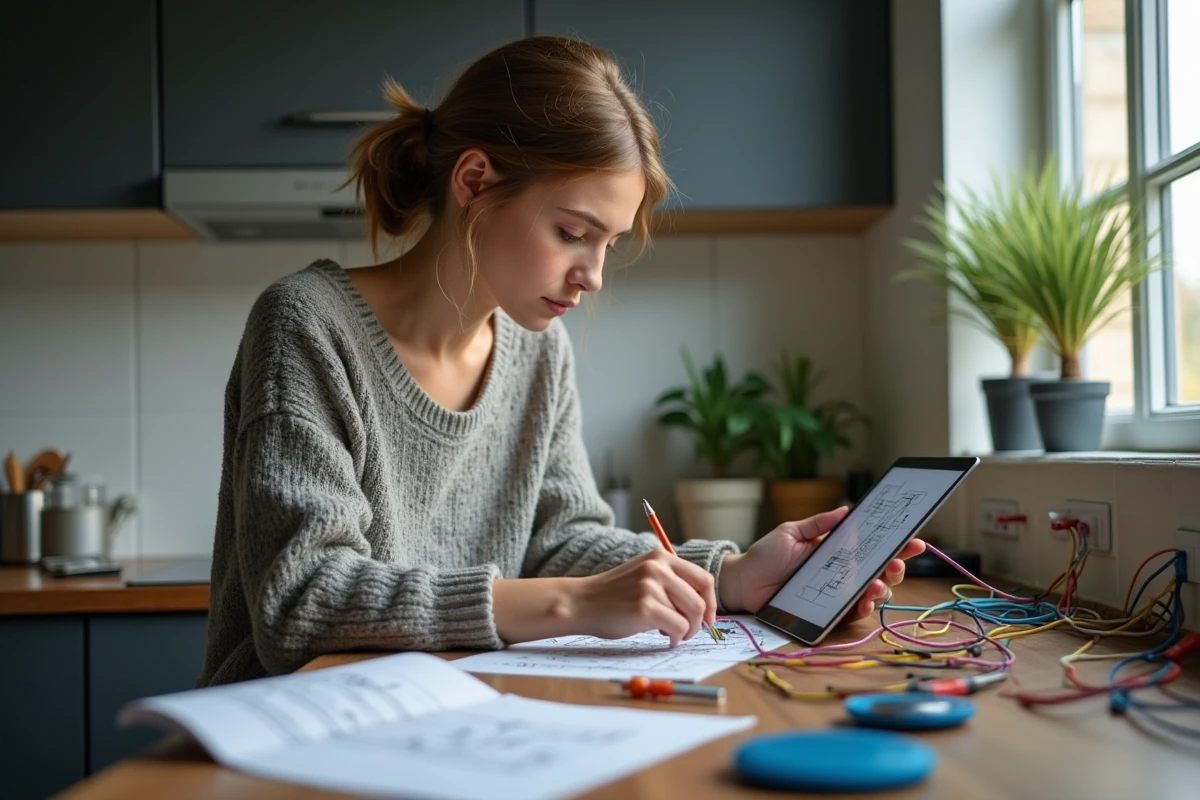 Jeune femme inspectant fils électriques dans une cuisine moderne
