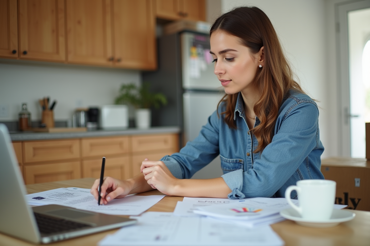 Jeune femme travaillant à la cuisine avec documents et ordinateur