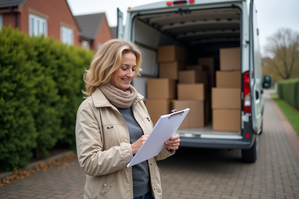 Femme vérifiant sa liste de déménagement devant la camionnette