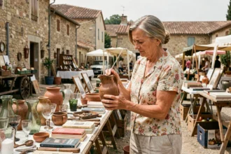 Femme examinant une cruche en céramique ancienne sur un vide grenier en Tarn-et-Garonne