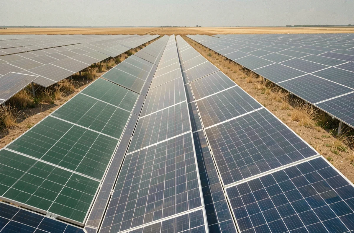 Rangées de panneaux solaires bifaciaux haute efficacité dans une grande ferme photovoltaïque agricole