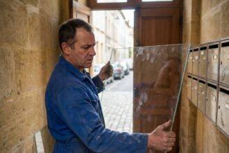 Photo hyperrealiste d'un glazier au travail dans un appartement de Massy