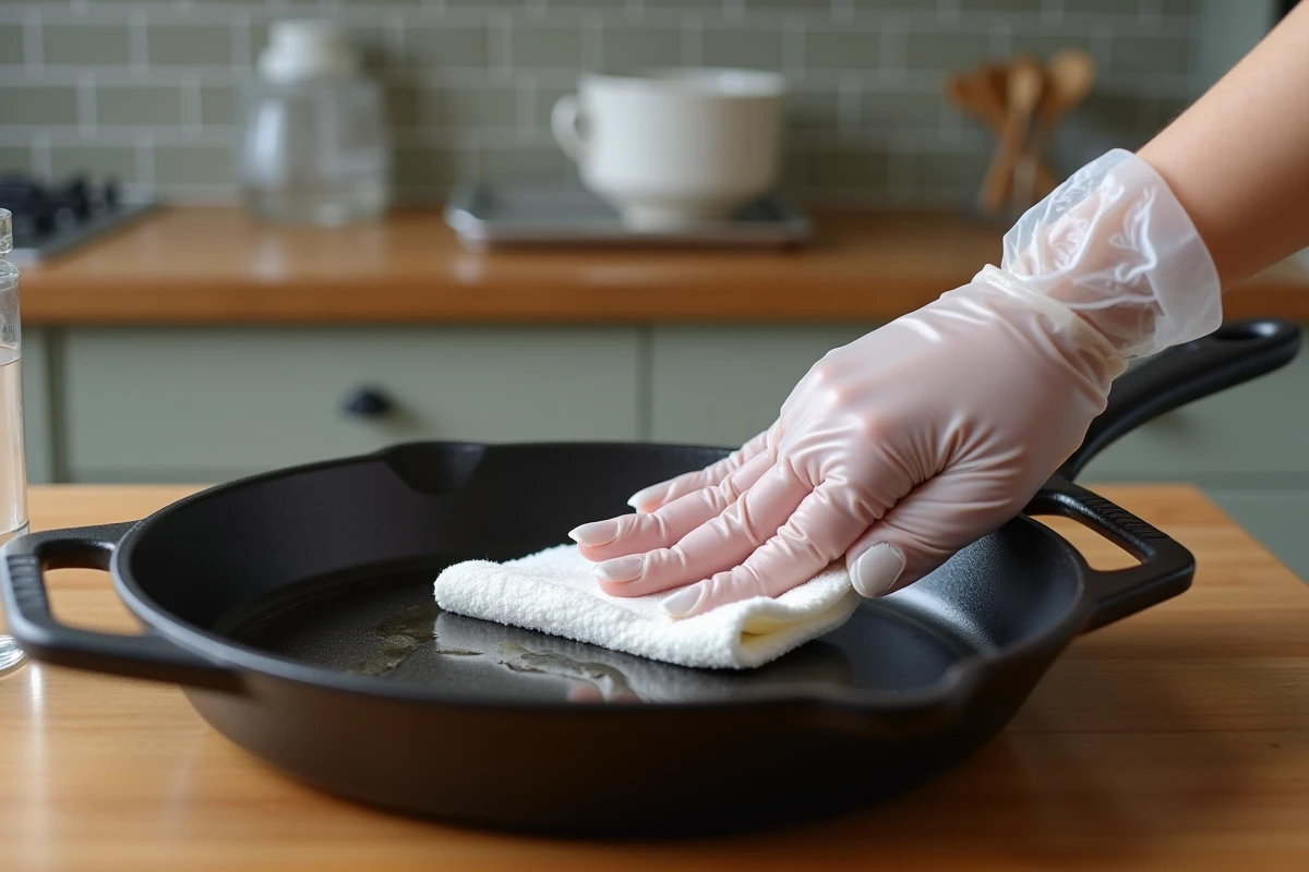 Gros plan d'une main gantée essuyant une poêle en fonte avec un chiffon microfibre imprégné de produit H2O dégraissant