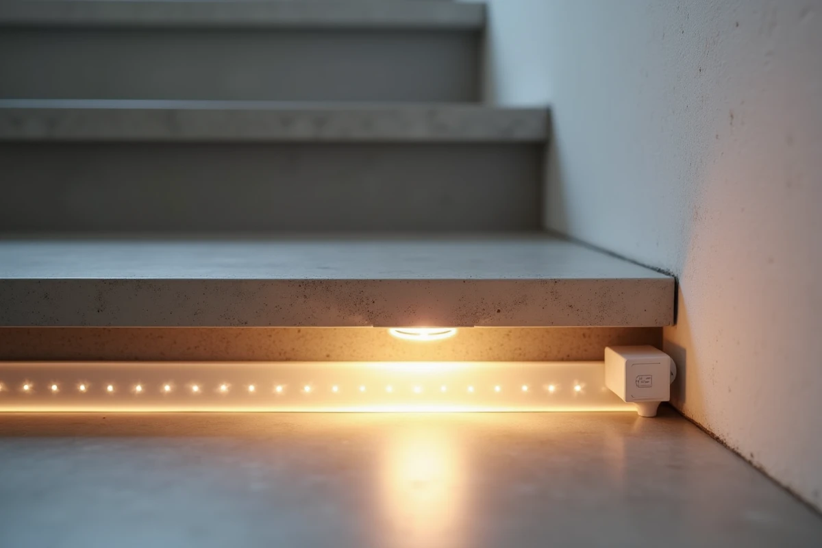 Gros plan d'un détecteur de mouvement infrarouge et d'un bandeau LED installés sous la nez d'une marche d'escalier en béton