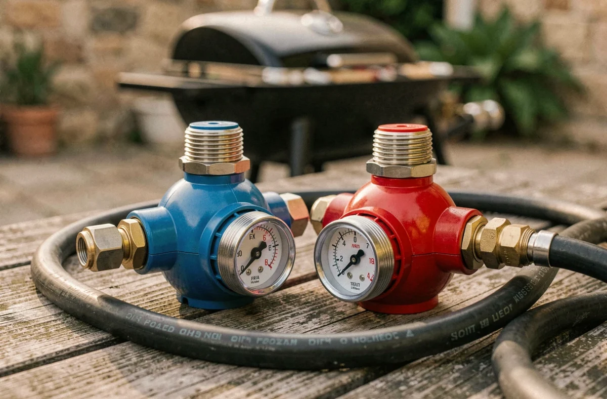 Gros plan sur un détendeur butane bleu et un détendeur propane rouge posés sur une table en bois devant une plancha
