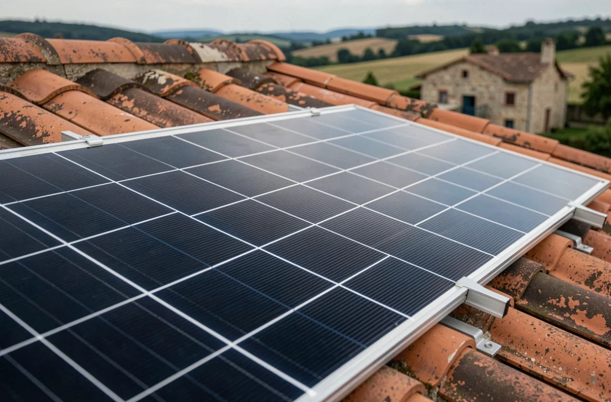 Gros plan sur des panneaux solaires monocristallins installés sur une toiture en tuiles en France