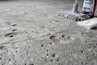 Gros plan sur un sol en béton brut avec produits d'entretien adaptés posés dessus