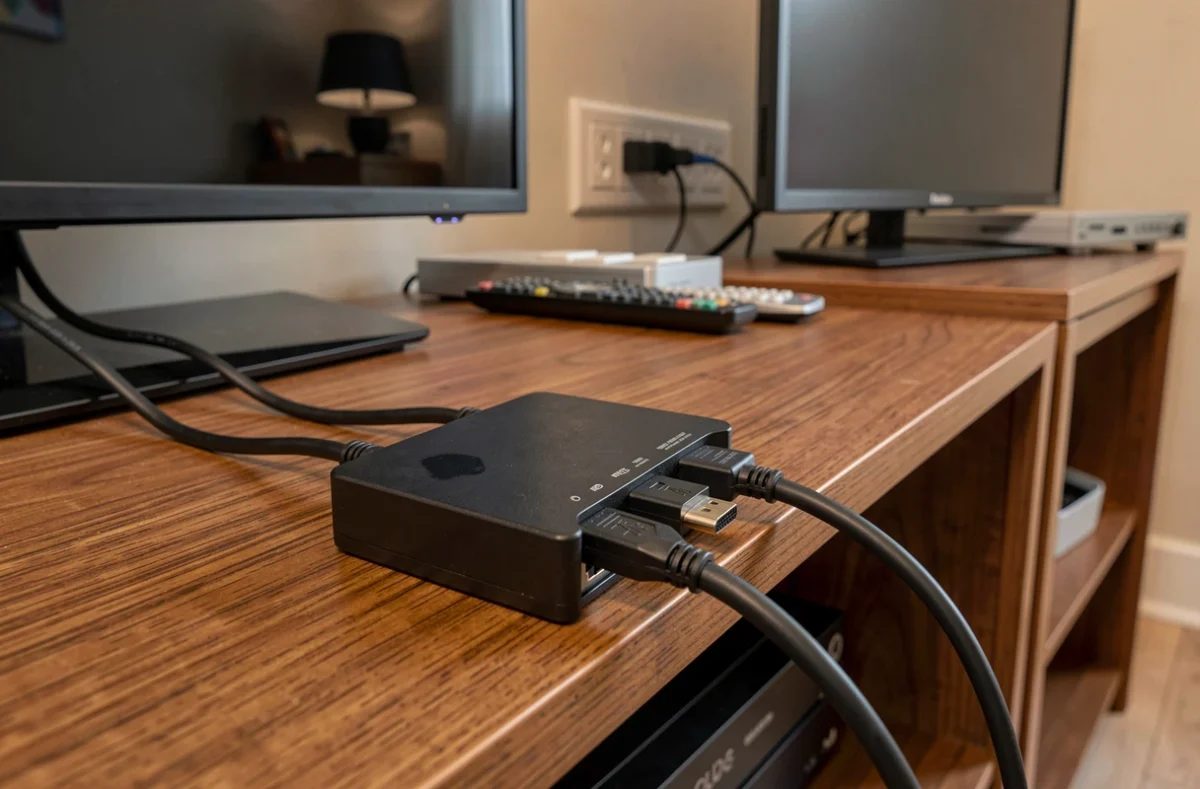 Gros plan sur un splitter HDMI relié à deux câbles et à un décodeur pour connecter deux téléviseurs sans frais supplémentaires