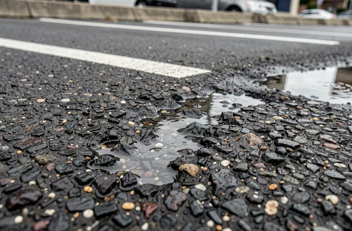 Gros plan sur la texture drainante d'un enrobé poreux avec comparaison d'infiltration d'eau sur parking