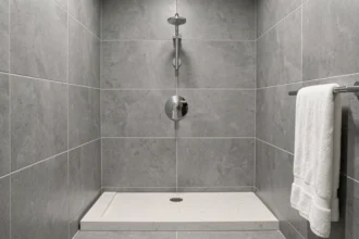 Mitigeur de douche chromé monté à hauteur réglementaire au-dessus d'un receveur extra-plat dans une salle de bain moderne