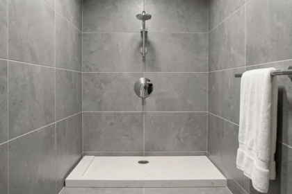 Mitigeur de douche chromé monté à hauteur réglementaire au-dessus d'un receveur extra-plat dans une salle de bain moderne