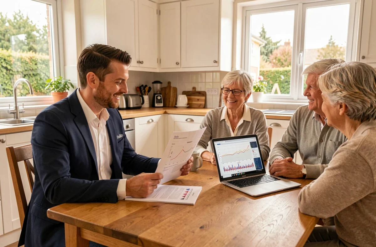 Conseiller Hellio présentant un audit énergétique solaire à un couple de propriétaires dans une maison pavillonnaire du Rhône