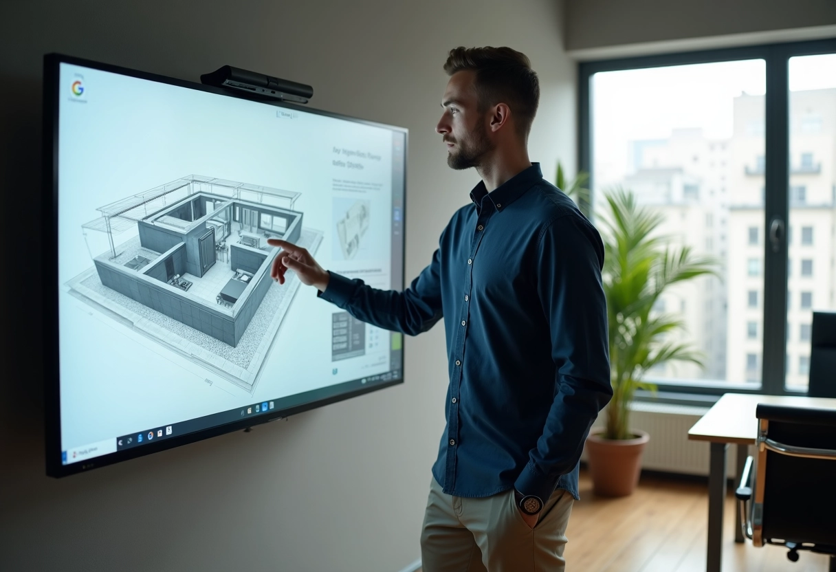 Homme travaillant sur un plan 3D dans un intérieur moderne