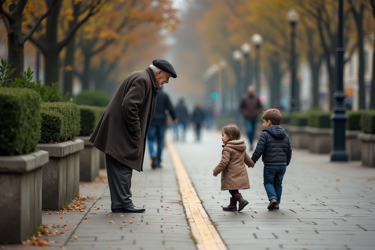 Homme age observe une ligne sur le trottoir
