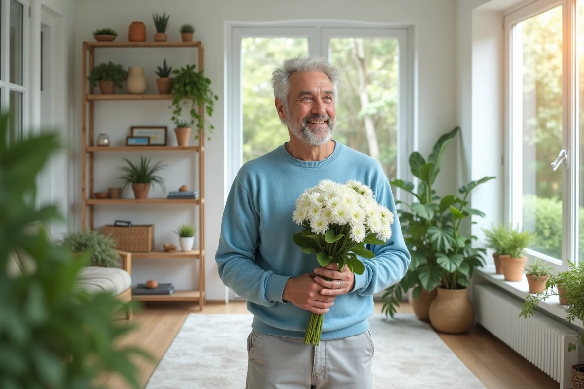 Homme arrangeant un bouquet de fleurs dans une serre lumineuse