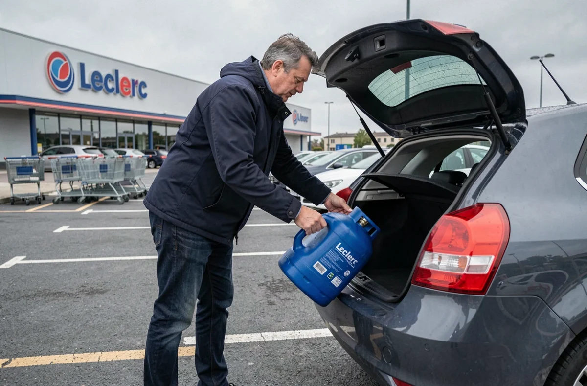 Homme chargeant une bouteille de gaz Leclerc dans le coffre d'une voiture au parking du supermarché