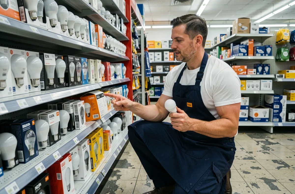 Homme choisissant la bonne taille d'ampoule dans un rayon de quincaillerie