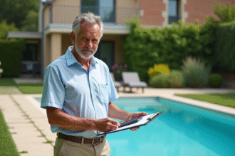 Homme d'âge moyen avec clipboard près d'une piscine moderne