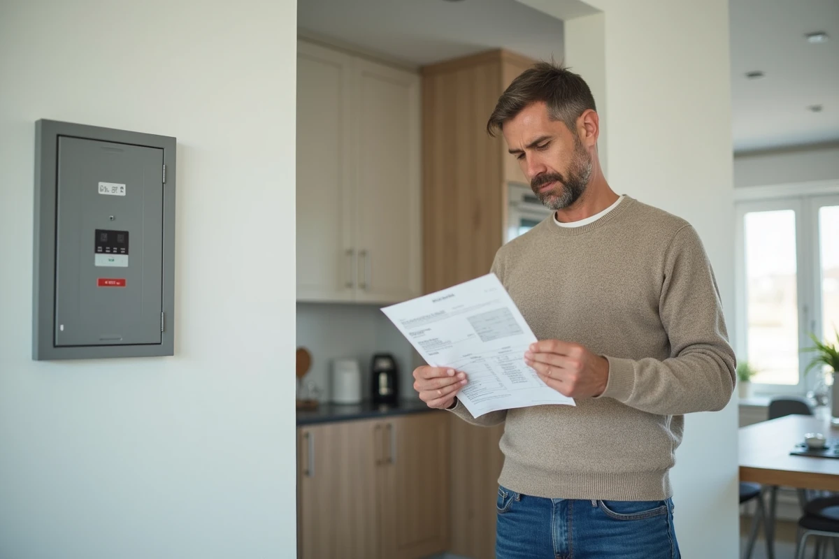 Homme d'âge moyen vérifiant sa facture d'électricité dans un intérieur moderne