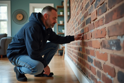Homme d'âge moyen pointant une condensation au mur intérieur