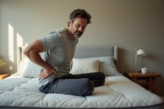 Homme assis sur le bord d'un matelas tenant son bas du dos, illustrant la douleur lombaire causée par un mauvais matelas
