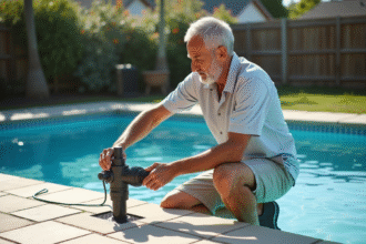 Homme d'âge moyen ajustant une vanne de filtration piscine