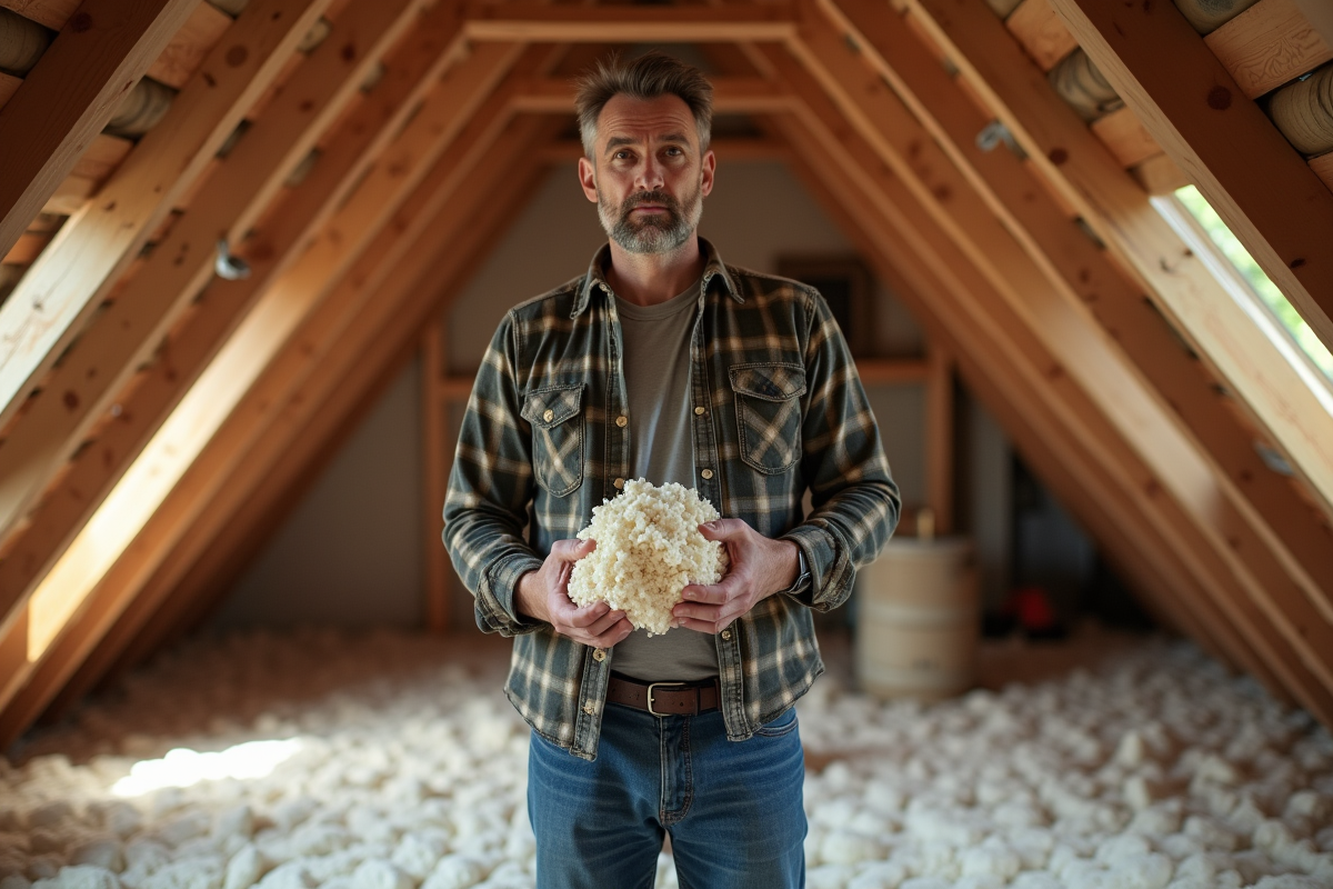 Homme d'âge moyen tenant de l'isolation en attic en rénovation