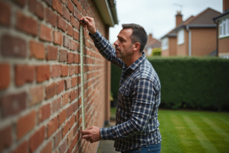 Homme mesurant un mur de jardin résidentiel en extérieur