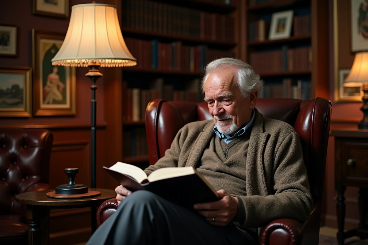Homme âgé lisant un livre dans un bureau traditionnel