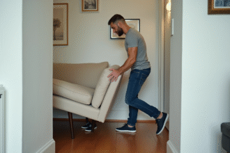 Homme déplaçant un canapé dans un couloir étroit intérieur