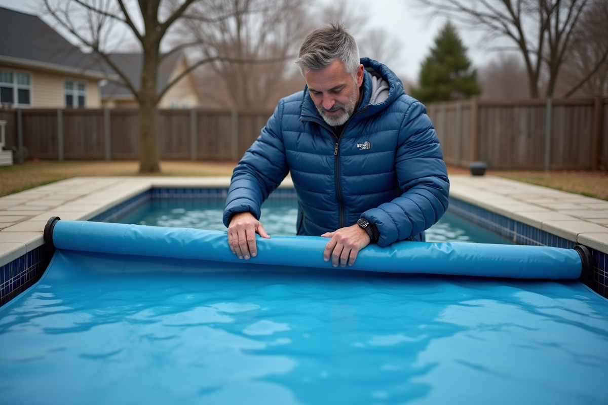 Homme en veste bleue pose une couverture piscine en hiver