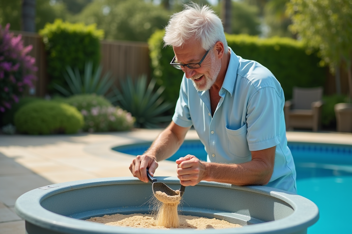 Homme d'âge moyen nettoyant un filtre de piscine extérieur