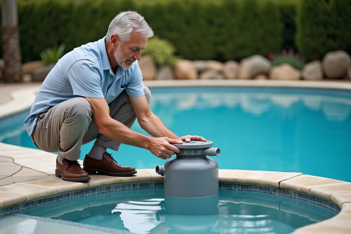 Homme d'âge moyen nettoyant la piscine extérieure