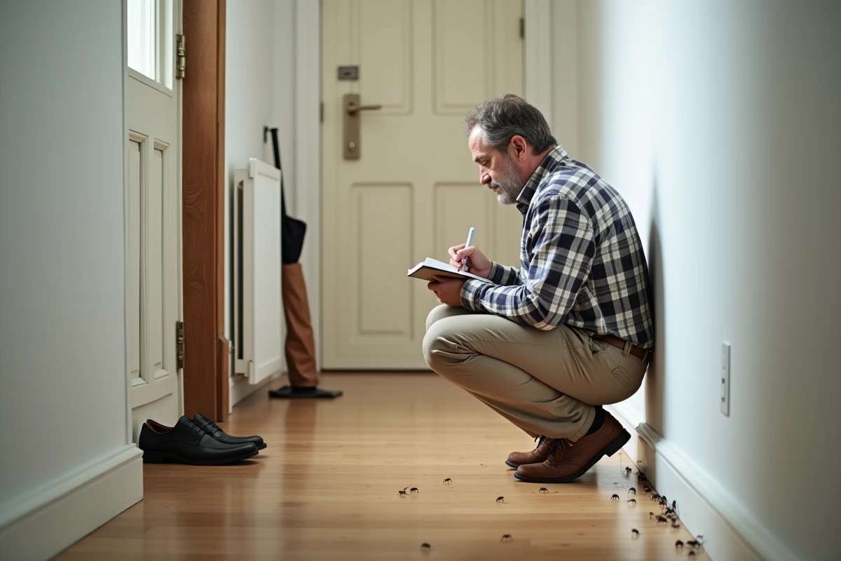 Homme prenant des notes près des insectes dans le couloir