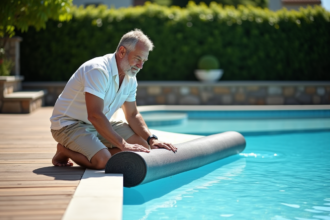 Homme d'âge moyen posant près de la piscine avec couverture solaire