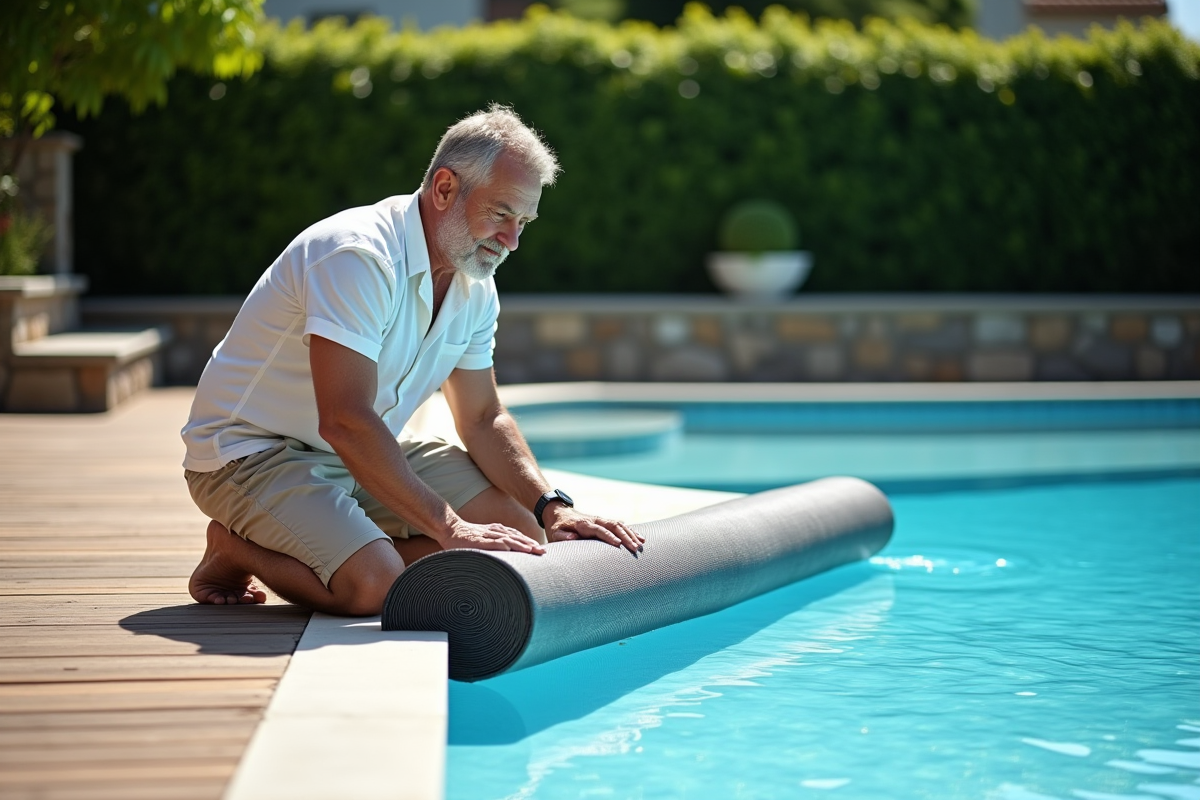 Homme d'âge moyen posant près de la piscine avec couverture solaire