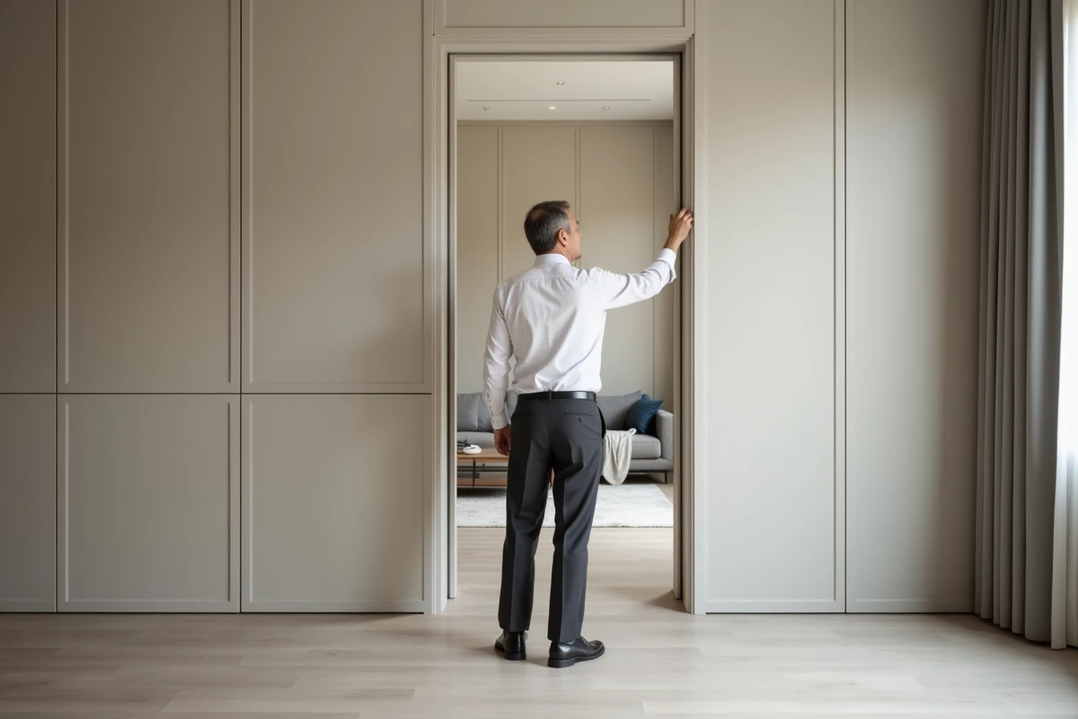 Homme examinant une cloison dans un appartement contemporain