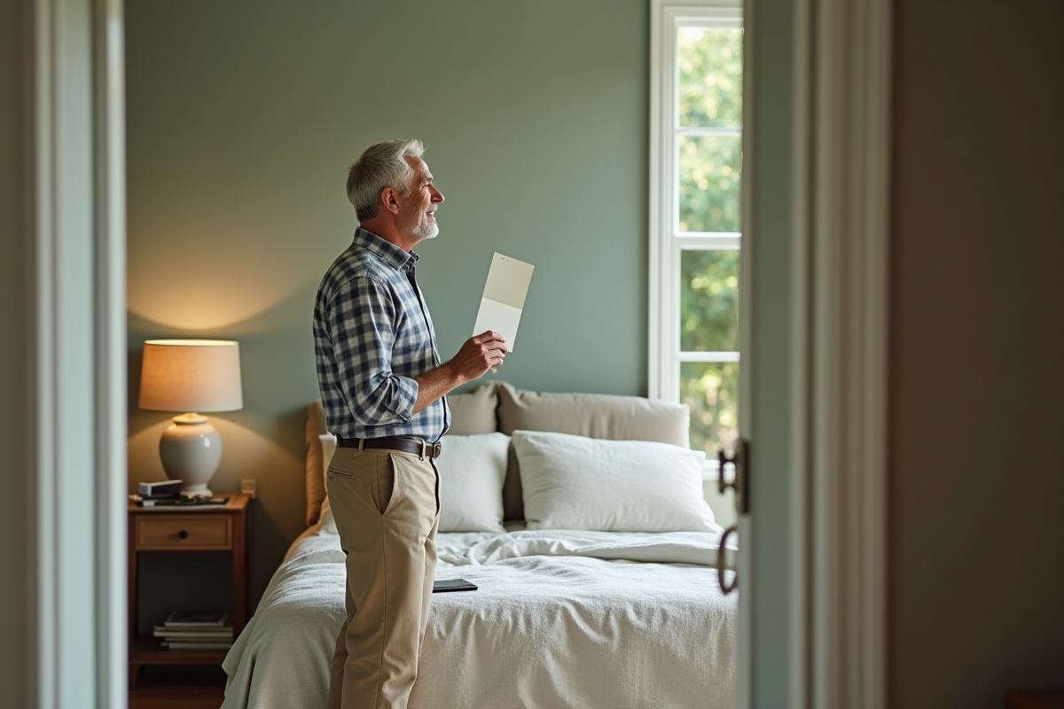 Homme souriant tient un échantillon de peinture dans une chambre chaleureuse