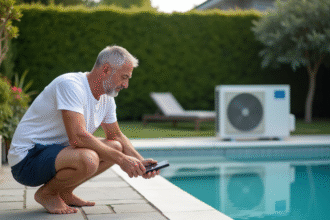 Homme d'âge moyen vérifiant une pompe à chaleur extérieure près de la piscine