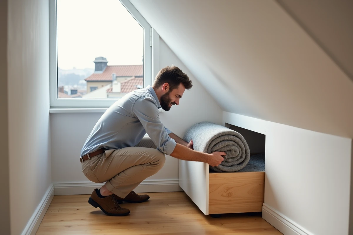 Homme plaçant une couverture dans un rangement intégré en loft