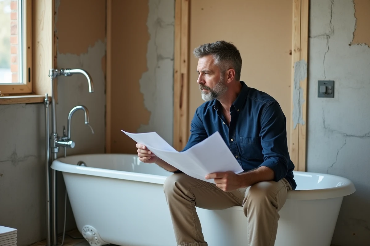 Homme regardant des plans près d une baignoire en renovation