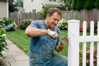 Homme en tenue de travail ajuste un portail PVC blanc dans un jardin