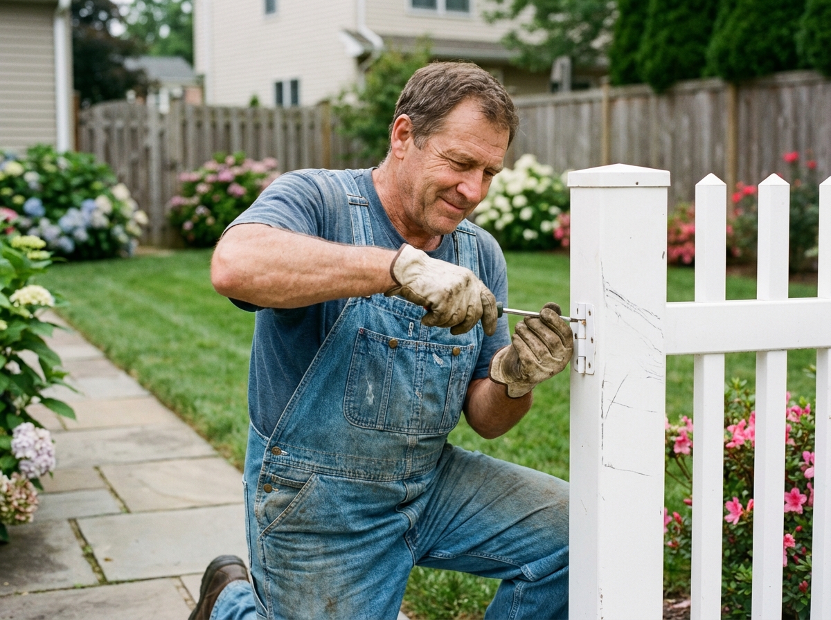Homme en tenue de travail ajuste un portail PVC blanc dans un jardin