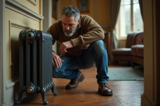 Homme en jeans et pull touche un pied de radiateur ancien